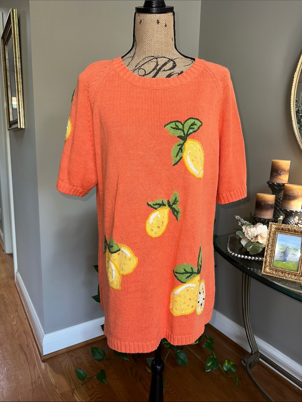 The Quacker Factory Orange Lemon-Print Crewneck Sweater EUC size Large 🍋